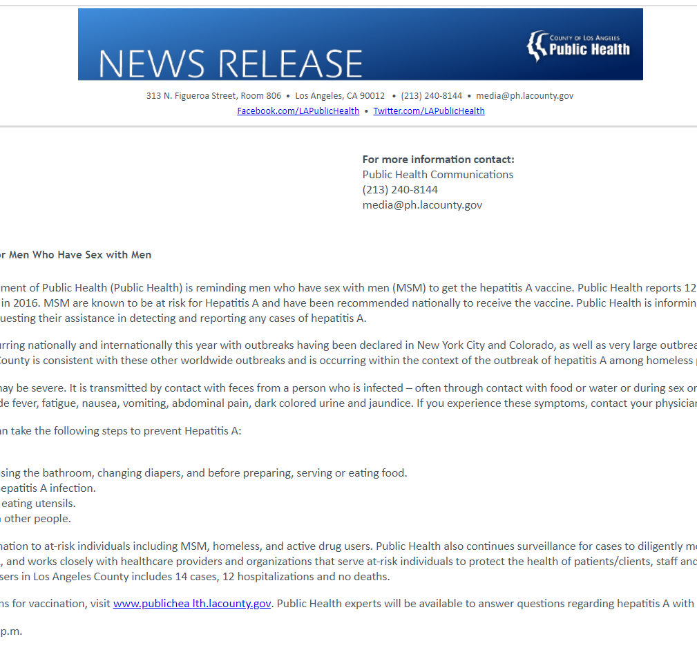 Press Release - MSM Should Get Vaccinated for Hepatitis A 
